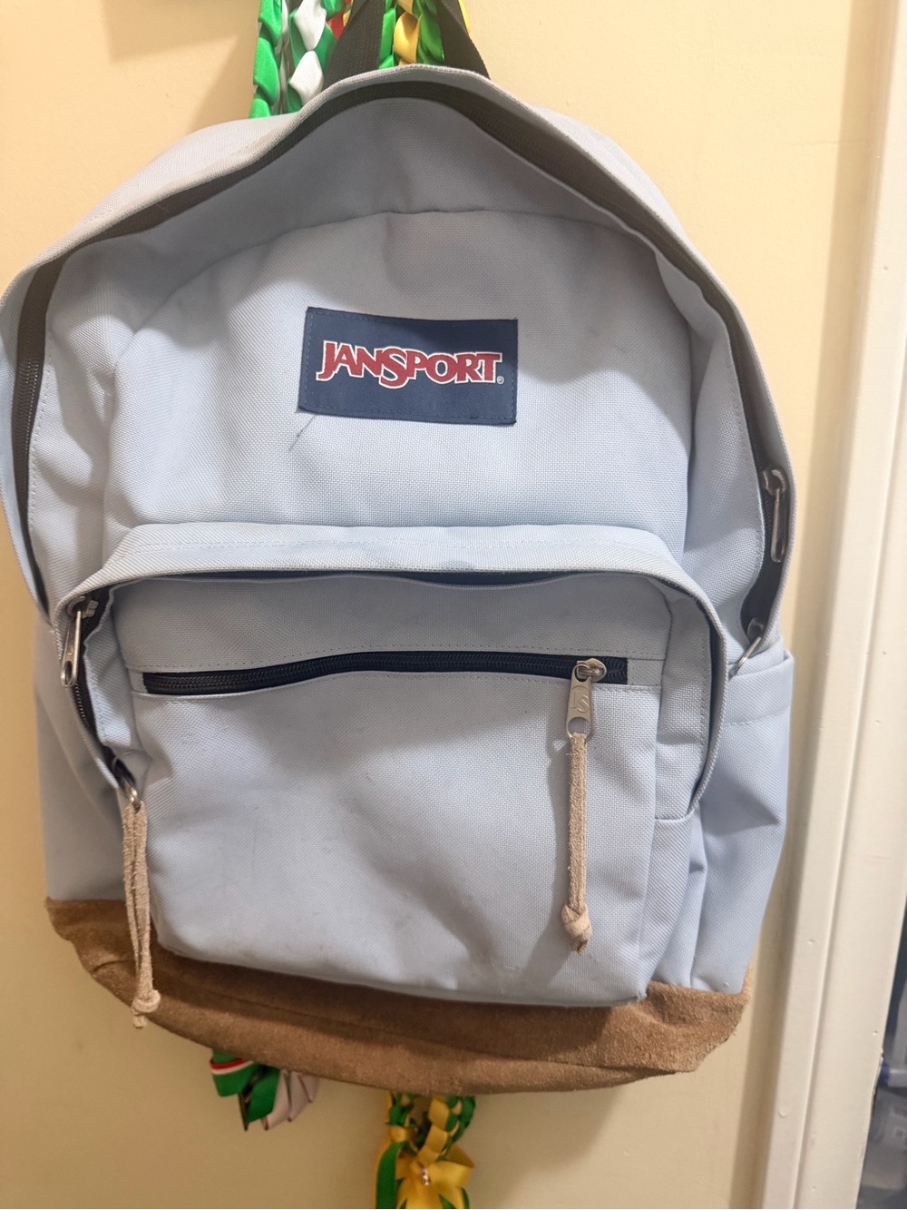 Jansport Right Light Blue Backpack with Tan Suede Base